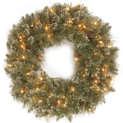 Discount National Tree Company 24 in. Pre-Lit Glittery Bristle Pine Wreath with Twinkly LED Lights