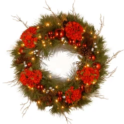New National Tree Company 24 in. Pre-Lit Hydrangea Pine Wreath with Warm White LED Lights