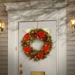 New National Tree Company 24 in. Pre-Lit Hydrangea Pine Wreath with Warm White LED Lights