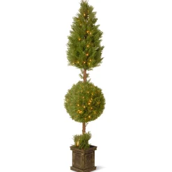 Online National Tree Company 72 in. Pre-Lit Juniper Cone and Ball Topiary Tree in a Black Square Pot with Clear Lights