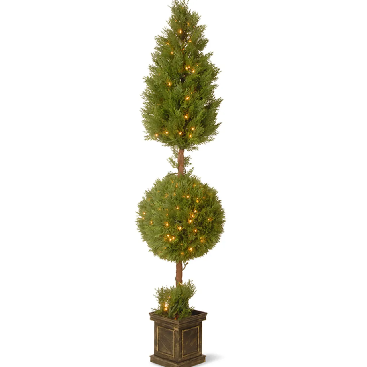 Online National Tree Company 72 in. Pre-Lit Juniper Cone and Ball Topiary Tree in a Black Square Pot with Clear Lights