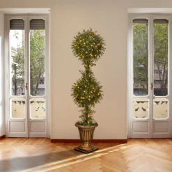 Discount National Tree Company 60 in. Pre-Lit Mini Tea Leaf 2 Ball Topiary in a Gold Urn with Clear Lights