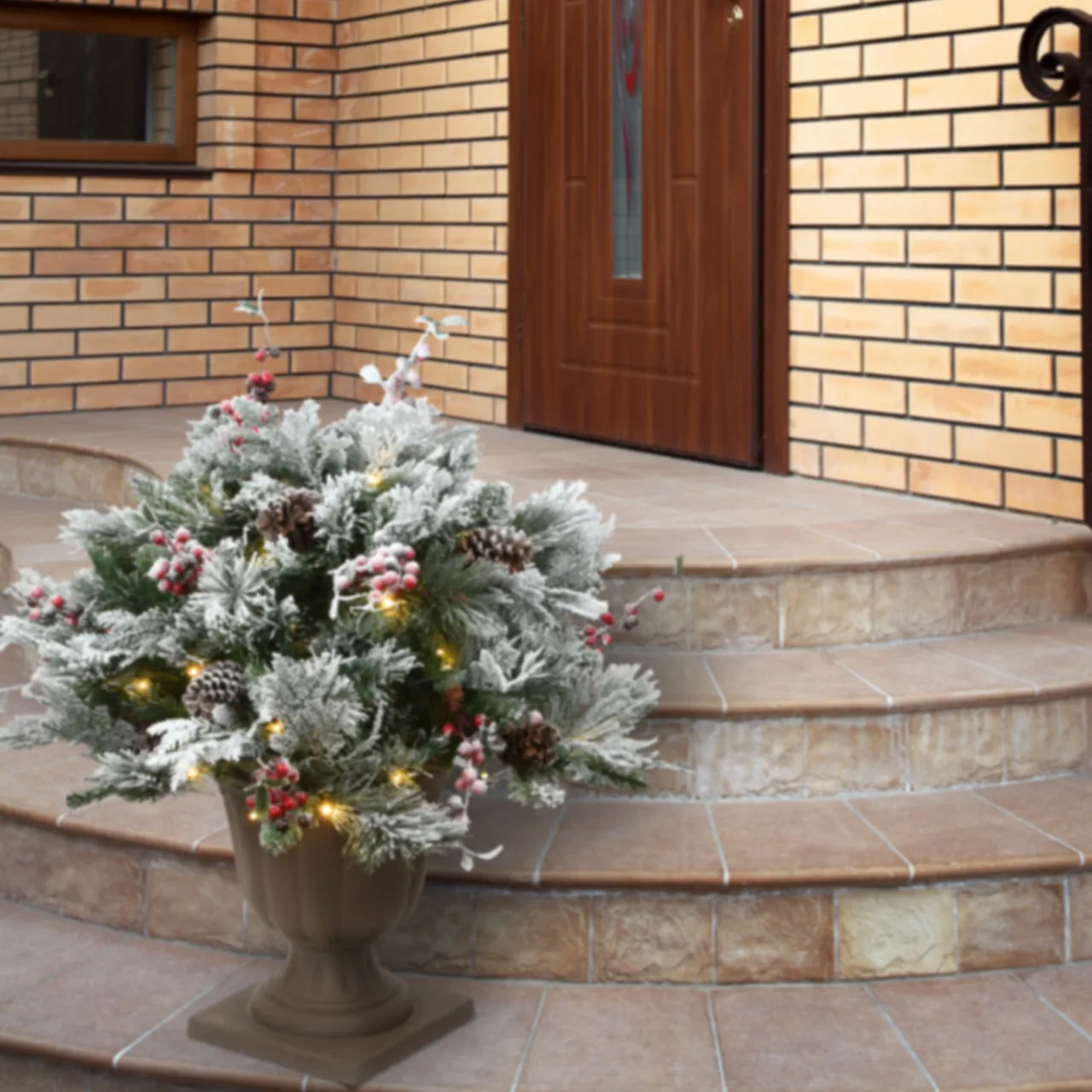 Best National Tree Company 22 in. Pre-Lit Snowy Bedford Urn Filler with LED Lights