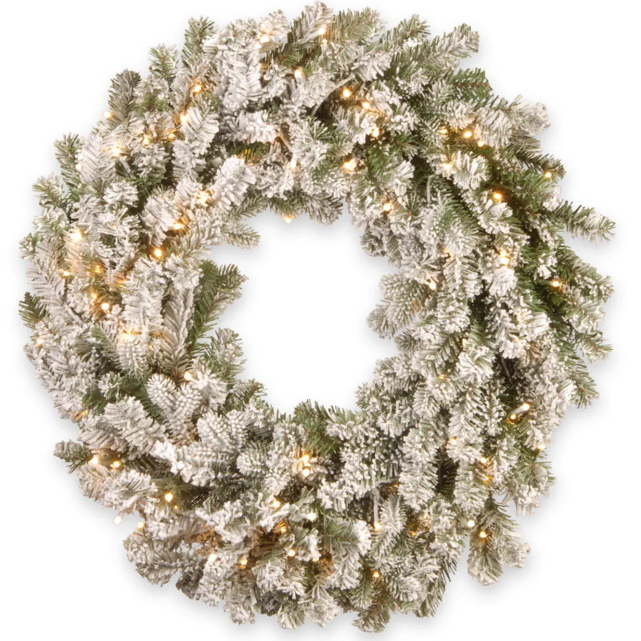 Outlet National Tree Company 24 in. Pre-Lit Snowy Sheffield Spruce Wreath with Twinkly LED Lights