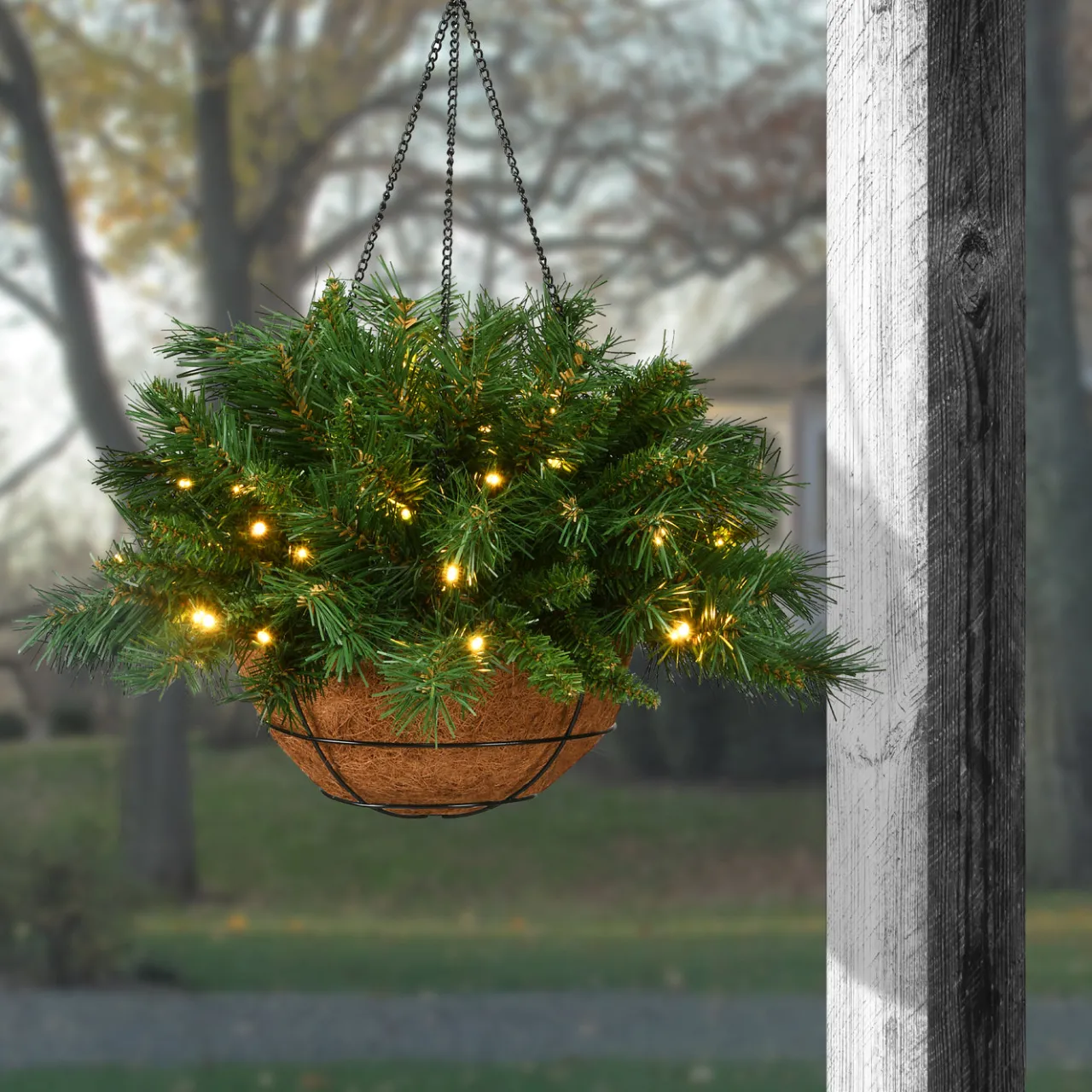 Outlet National Tree Company 20 in. Pre-Lit Tiffany Fir Hanging Basket with Warm White LED Lights