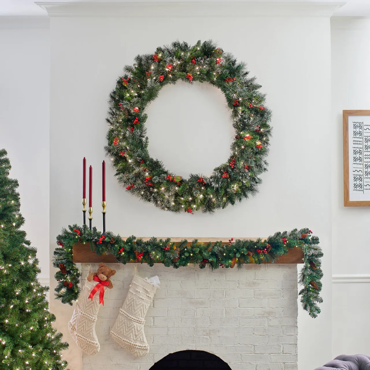 New National Tree Company 48 in. Pre-Lit Wintry Pine Wreath with Clear Lights
