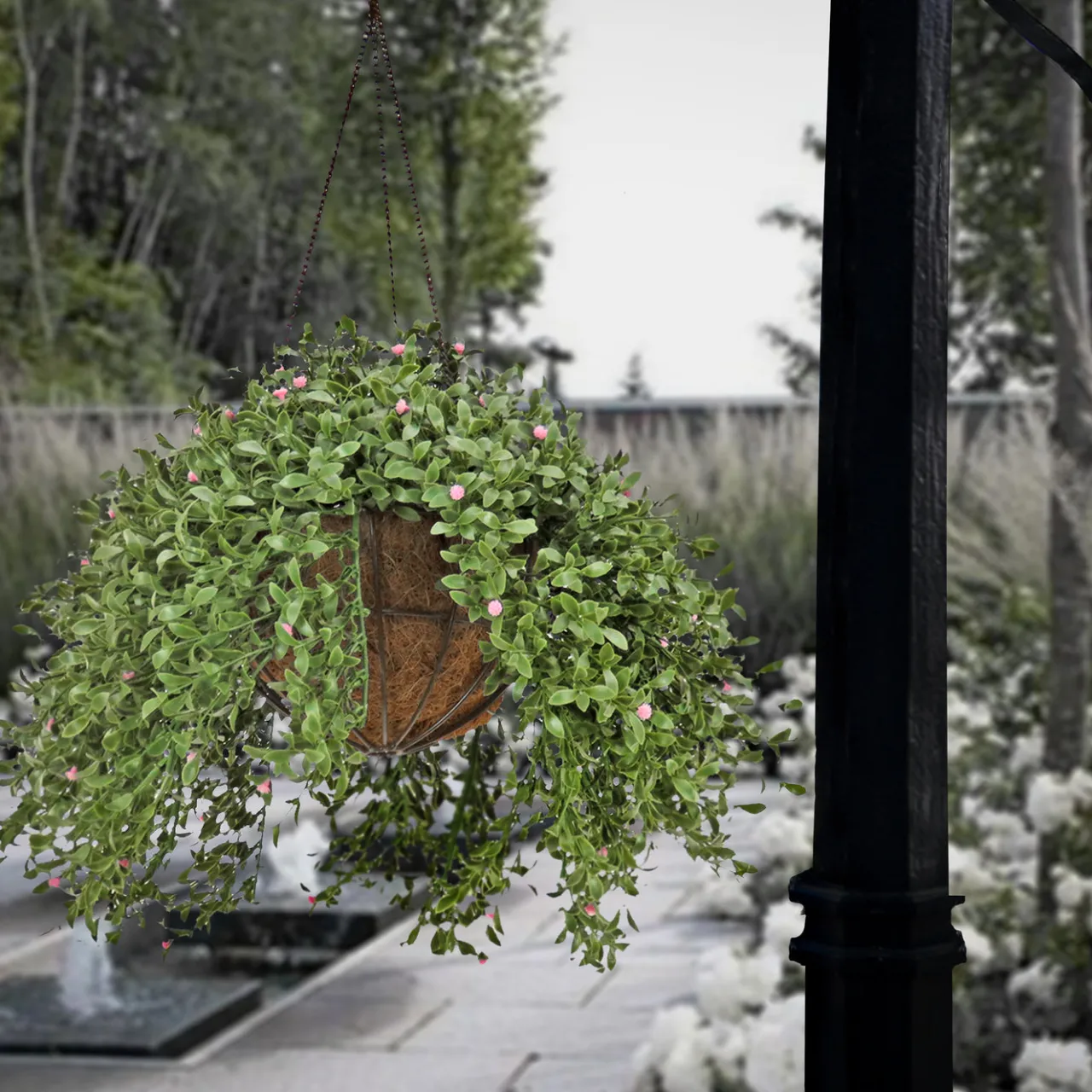 National Tree Company 18 in. Spring Argentea Hanging Plant with Pink Flowers