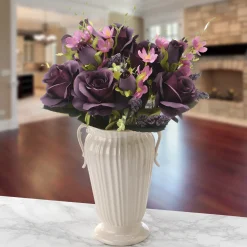 Best National Tree Company 19 in. Spring Floral Bouquet with Deep Purple Rose Blooms, Pink Flowers, Seed Pods, Leafy Greens