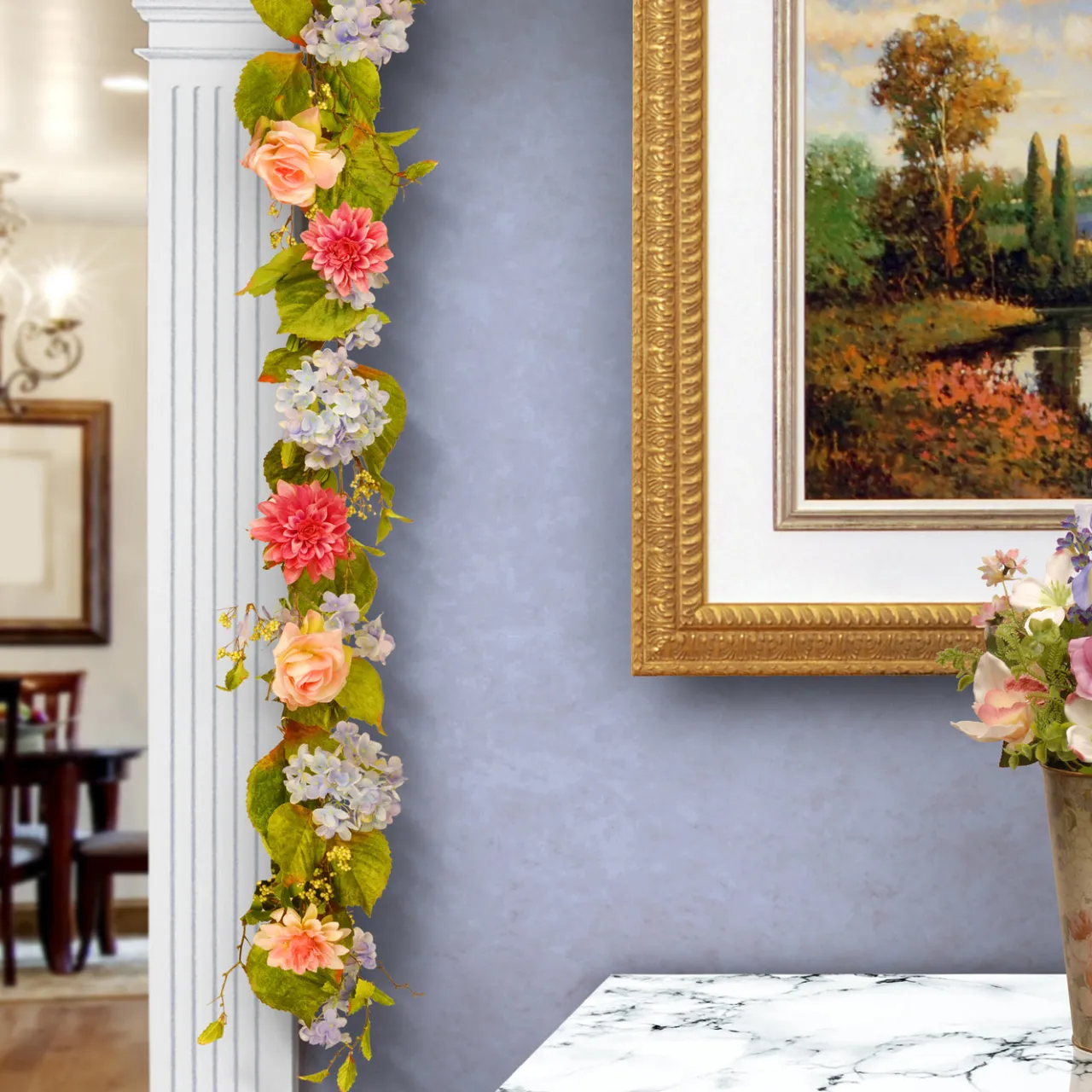 Online National Tree Company 70 in. Spring Garland with Multicolor Hydrangea, Rose and Dahlia Blooms, Berry Clusters, Leafy Greens