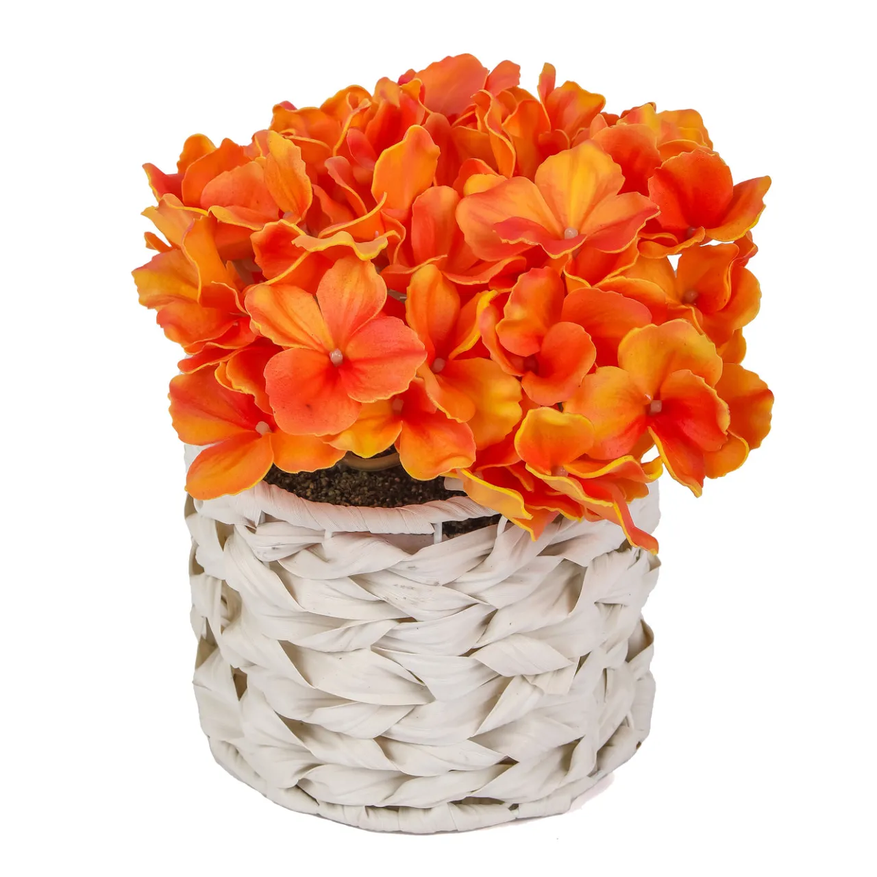 National Tree Company 10 in. Spring Orange Hydrangea Bouquet in White Basket