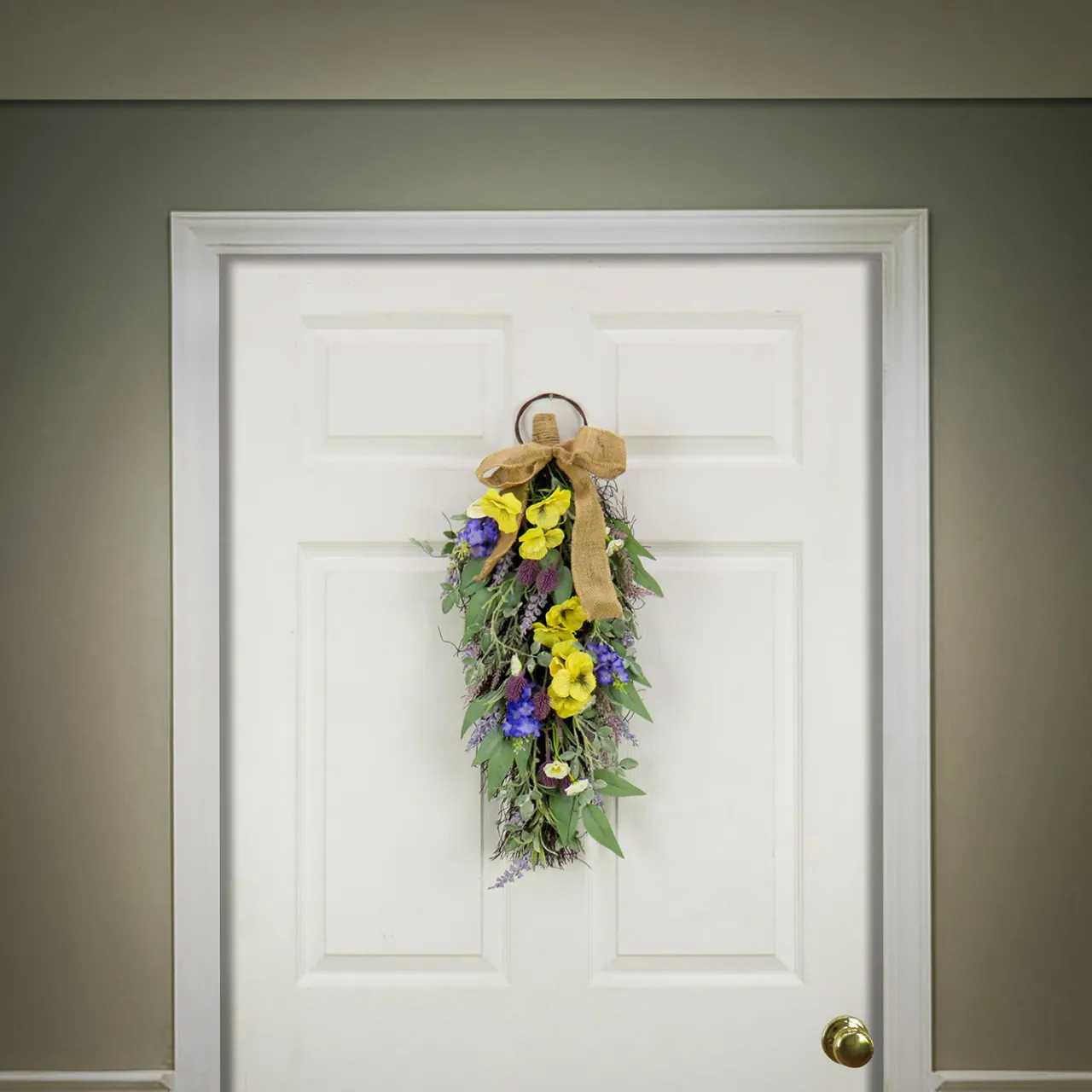 Hot National Tree Company 26 in. Spring Teardrop Wall Hanging Decoration with Pansy Blooms, Lavender, Assorted Blossoms, Flowing Green Stems
