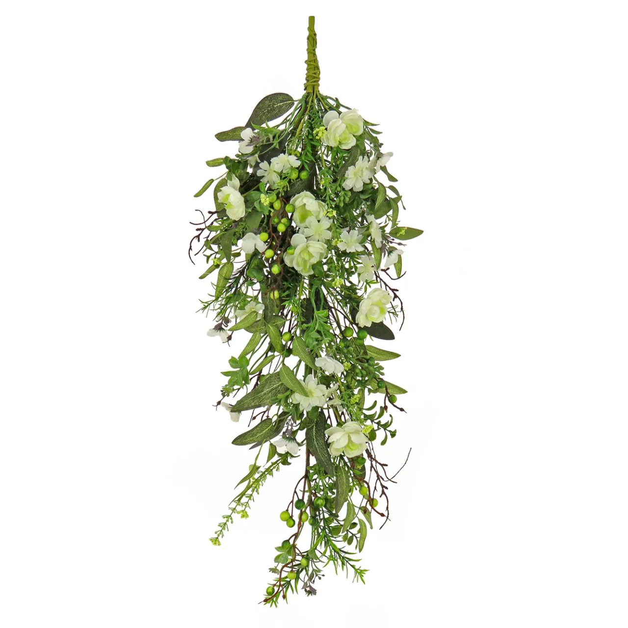 New National Tree Company 28 in. Spring Teardrop Wall Hanging Decoration with Flower Blooms, Berries, Leafy Greens