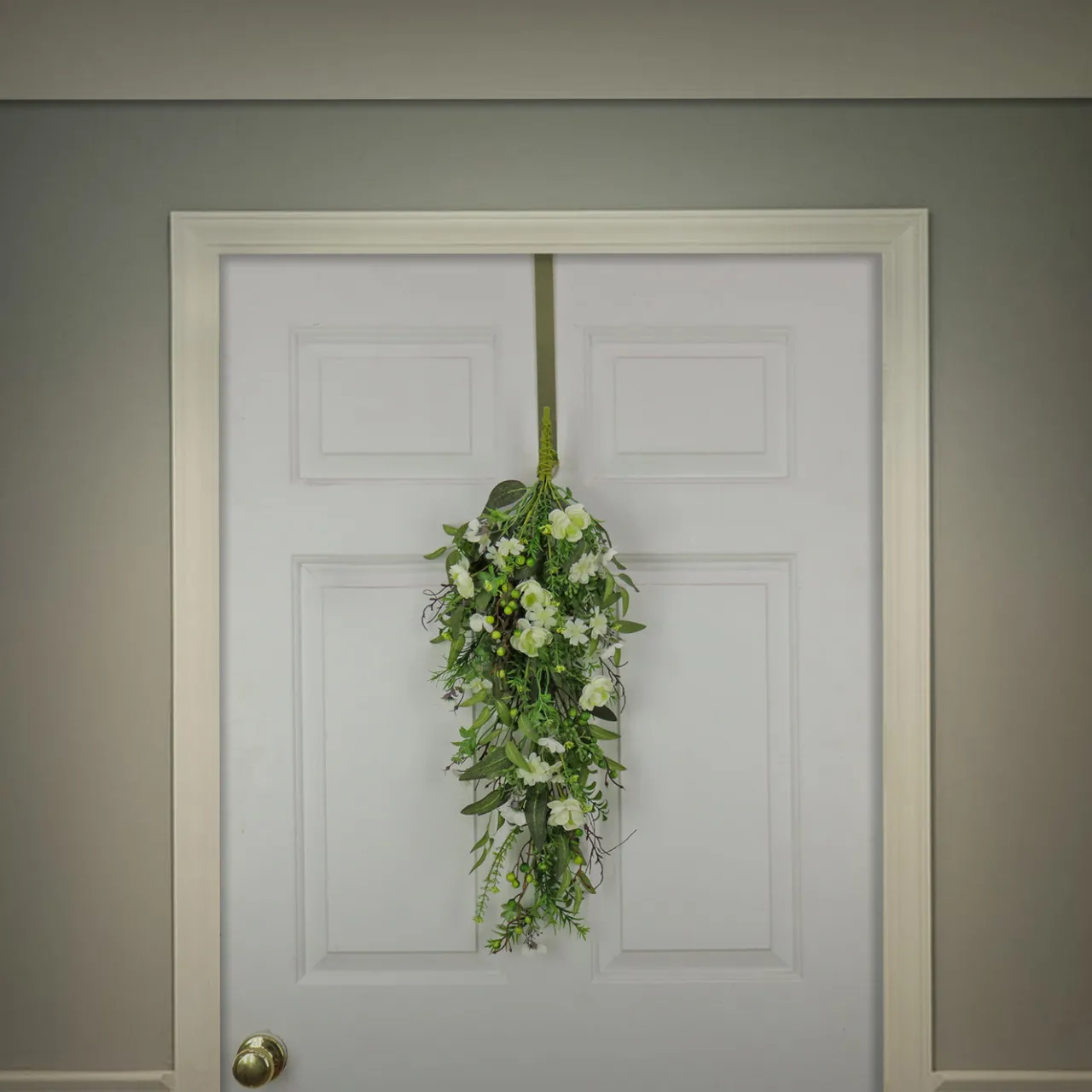 New National Tree Company 28 in. Spring Teardrop Wall Hanging Decoration with Flower Blooms, Berries, Leafy Greens
