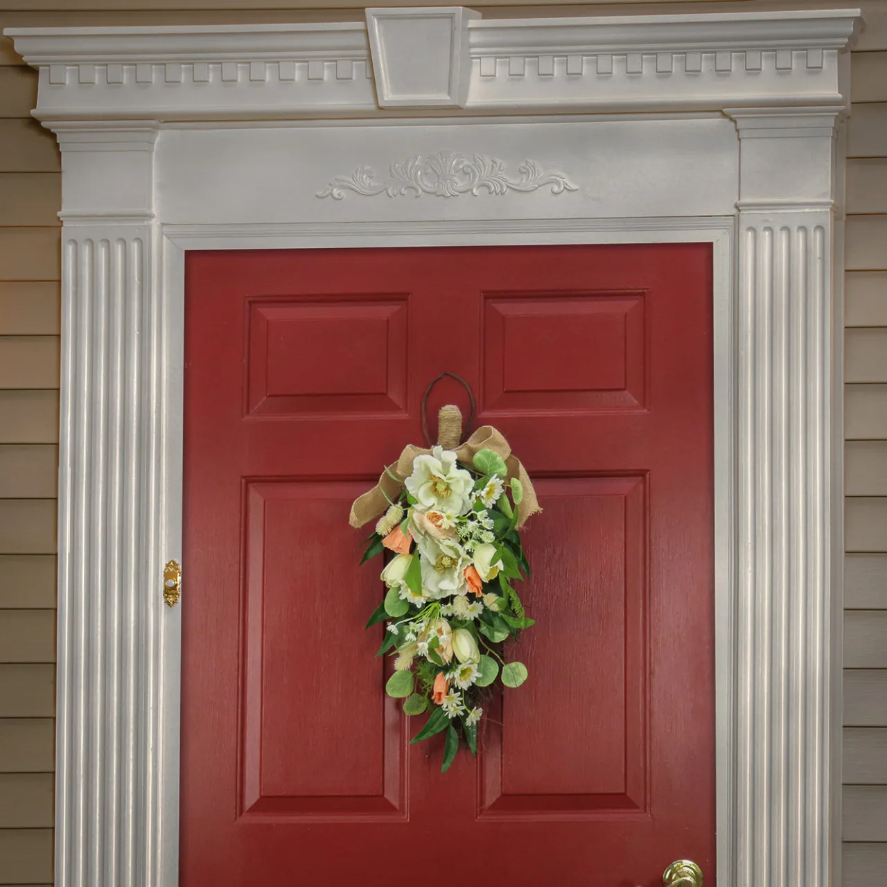 Discount National Tree Company 26 in. Spring Teardrop Wall Hanging Decoration with Tulip Blooms, Poppies, Buttercup Blossoms, Flowing Green Stems