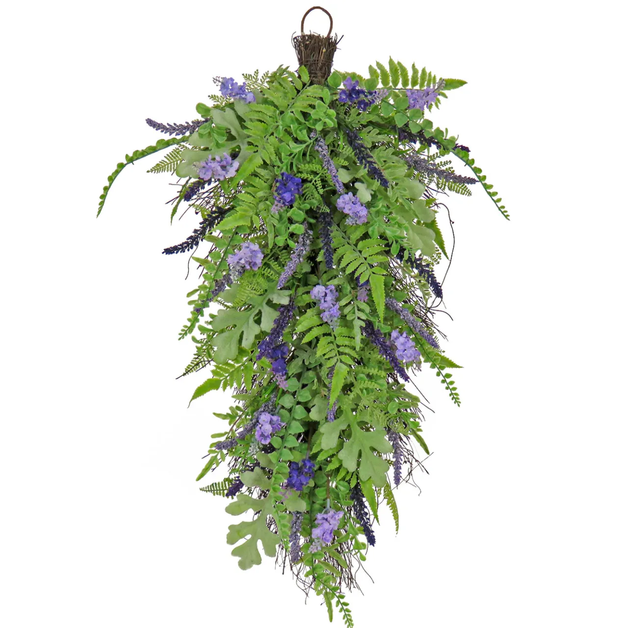 New National Tree Company 30 in. Spring Teardrop Wall Hanging Decoration with Astilbe Flower Blooms, Ferns, Leafy Greens