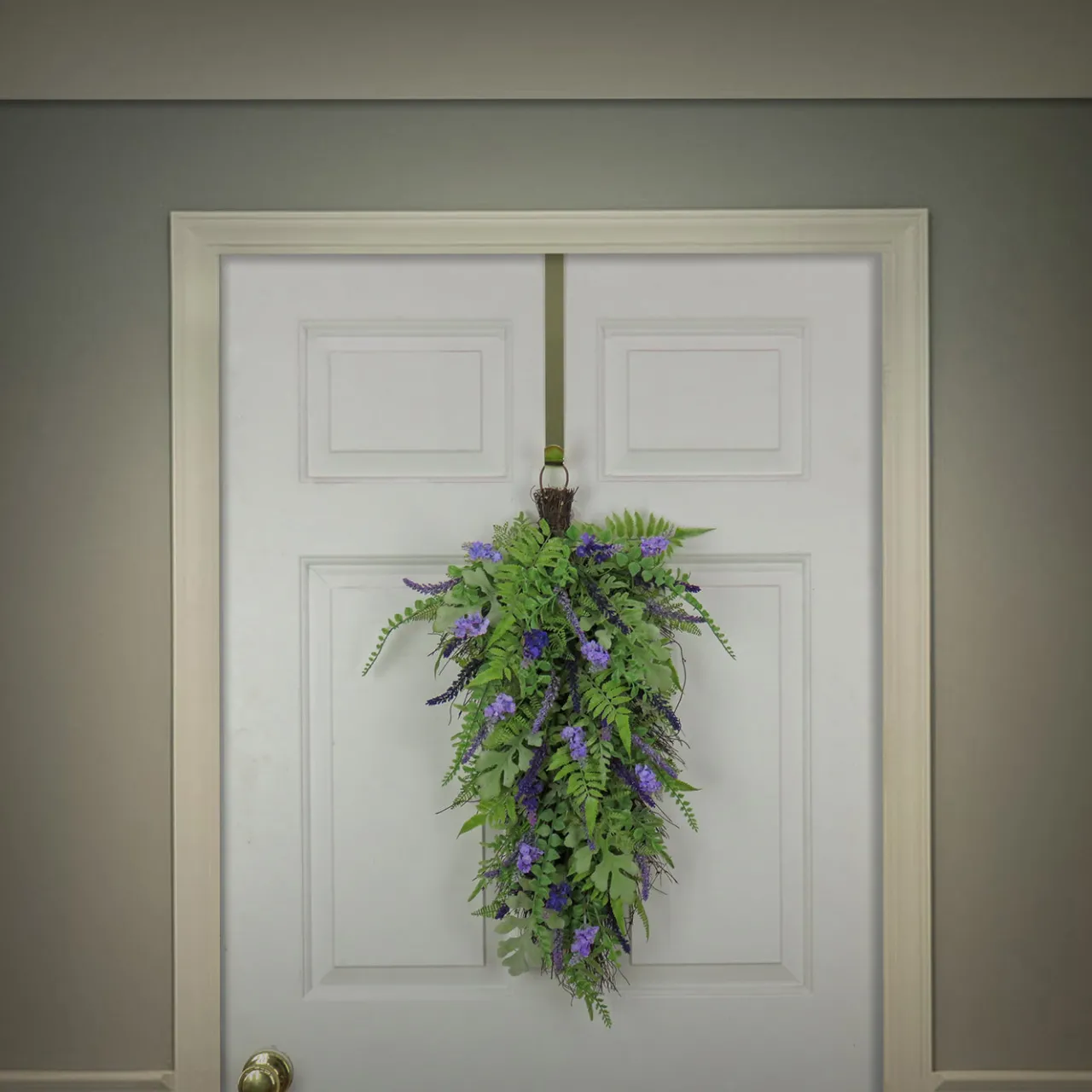 New National Tree Company 30 in. Spring Teardrop Wall Hanging Decoration with Astilbe Flower Blooms, Ferns, Leafy Greens