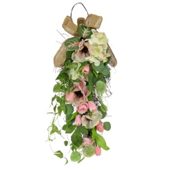 Outlet National Tree Company 26 in. Spring Teardrop Wall Hanging Decoration with Hydrangea and Tulip Blooms, Eucalyptus Leaves, Flowing Green Stems