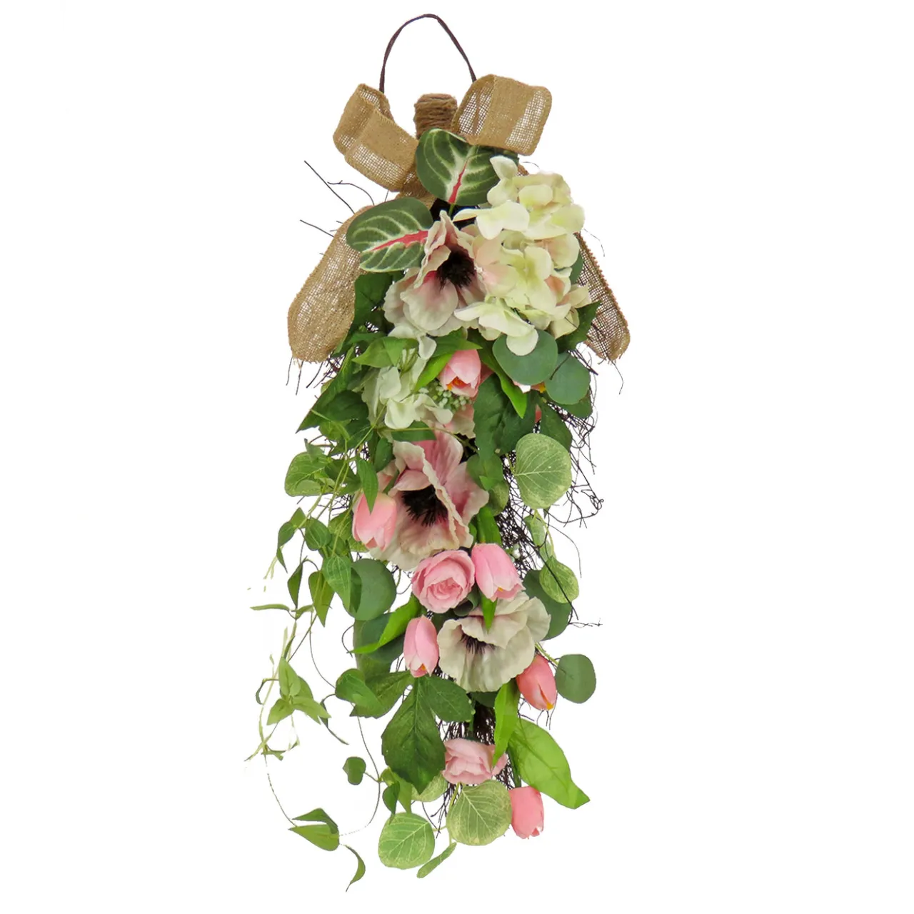 Outlet National Tree Company 26 in. Spring Teardrop Wall Hanging Decoration with Hydrangea and Tulip Blooms, Eucalyptus Leaves, Flowing Green Stems