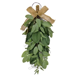 National Tree Company 26 in. Spring Teardrop Wall Hanging Decoration with Eucalyptus Leaves, Magnolia Blooms, Flowing Green Stems