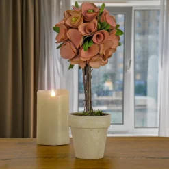 Discount National Tree Company 12 in. Spring Topiary with Pink Floral Blooms, White Pot Base