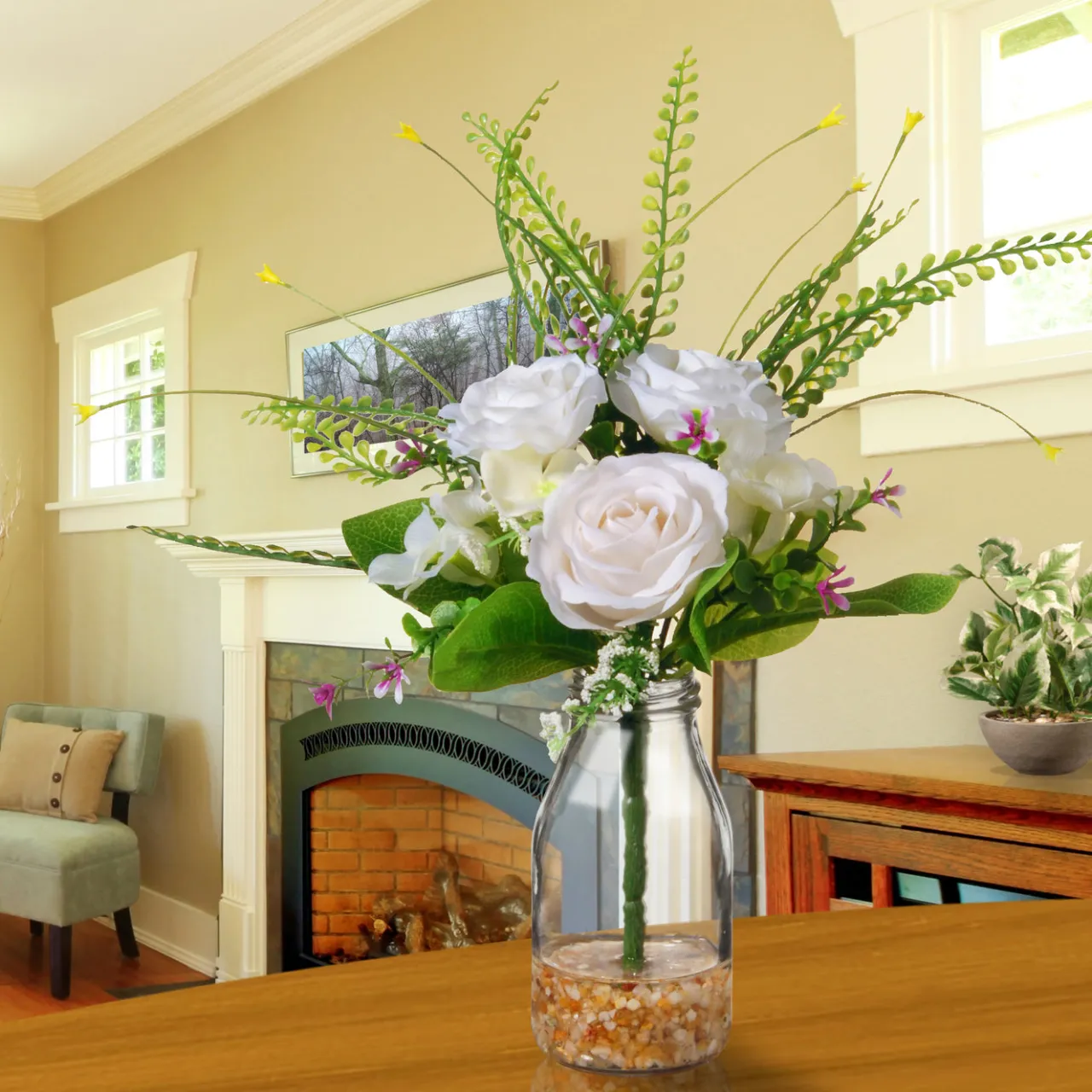Discount National Tree Company 12 in. Spring White Roses Flower Bouquet in Glass Vase with Leafy Greens