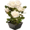 National Tree Company 11 in. Spring White Roses Flower Potted Plant in a Black Base