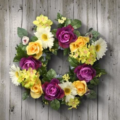 National Tree Company 18 in. Spring Wreath with Colorful Daisies, Hydrangeas, Roses, Leafy Greens
