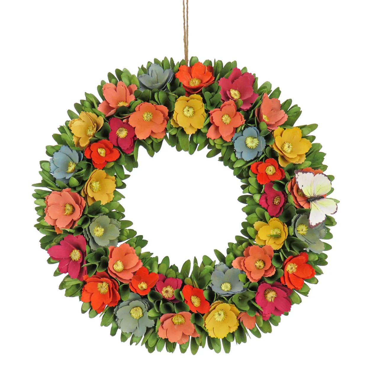 National Tree Company 20 in. Spring Wreath with Colorful Assorted Wood Cut Flowers, Flowing Green Leaves