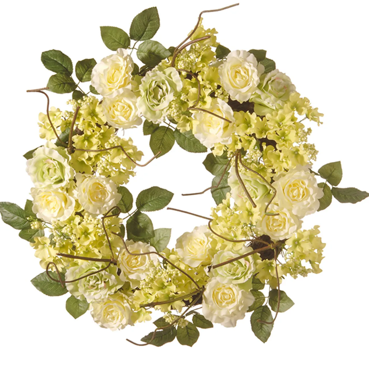 Online National Tree Company 20 in. Spring Wreath with Cream Rose Blooms, Branches, Leafy Greens