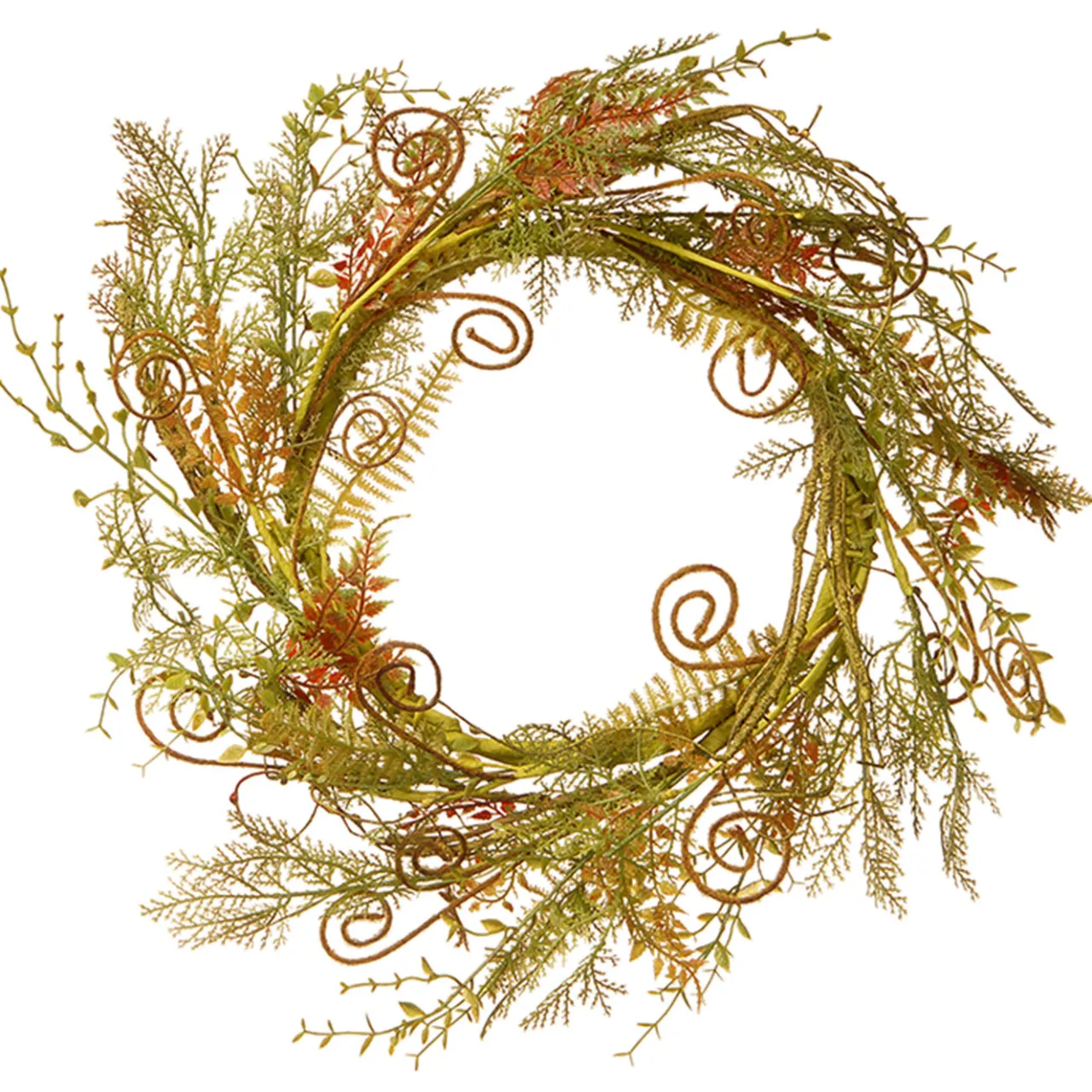 Hot National Tree Company 22 in. Spring Wreath with Fern Fronds, Curled Branch Sprigs, Flowing Green Stems?