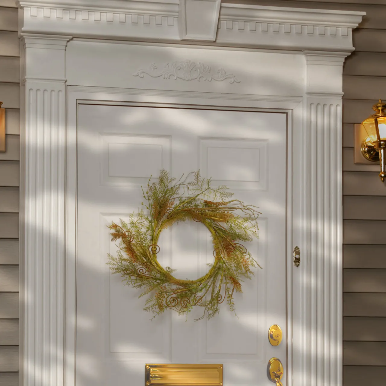 Hot National Tree Company 22 in. Spring Wreath with Fern Fronds, Curled Branch Sprigs, Flowing Green Stems?