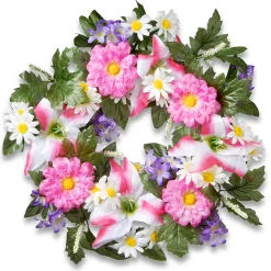 Discount National Tree Company 18 in. Spring Wreath with Multicolor Daisy and Tiger Lily Blooms, Leafy Greens, Berry Clusters