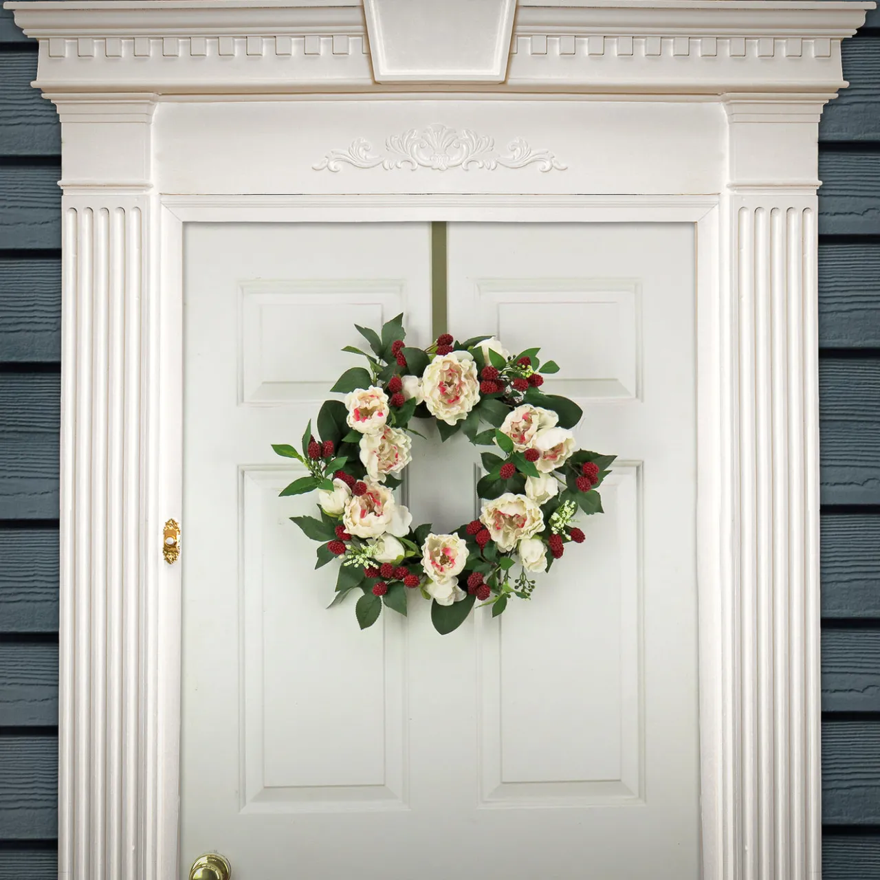 Clearance National Tree Company 22 in. Spring Wreath with Peony Flowers, Raspberries, and Leafy Greens
