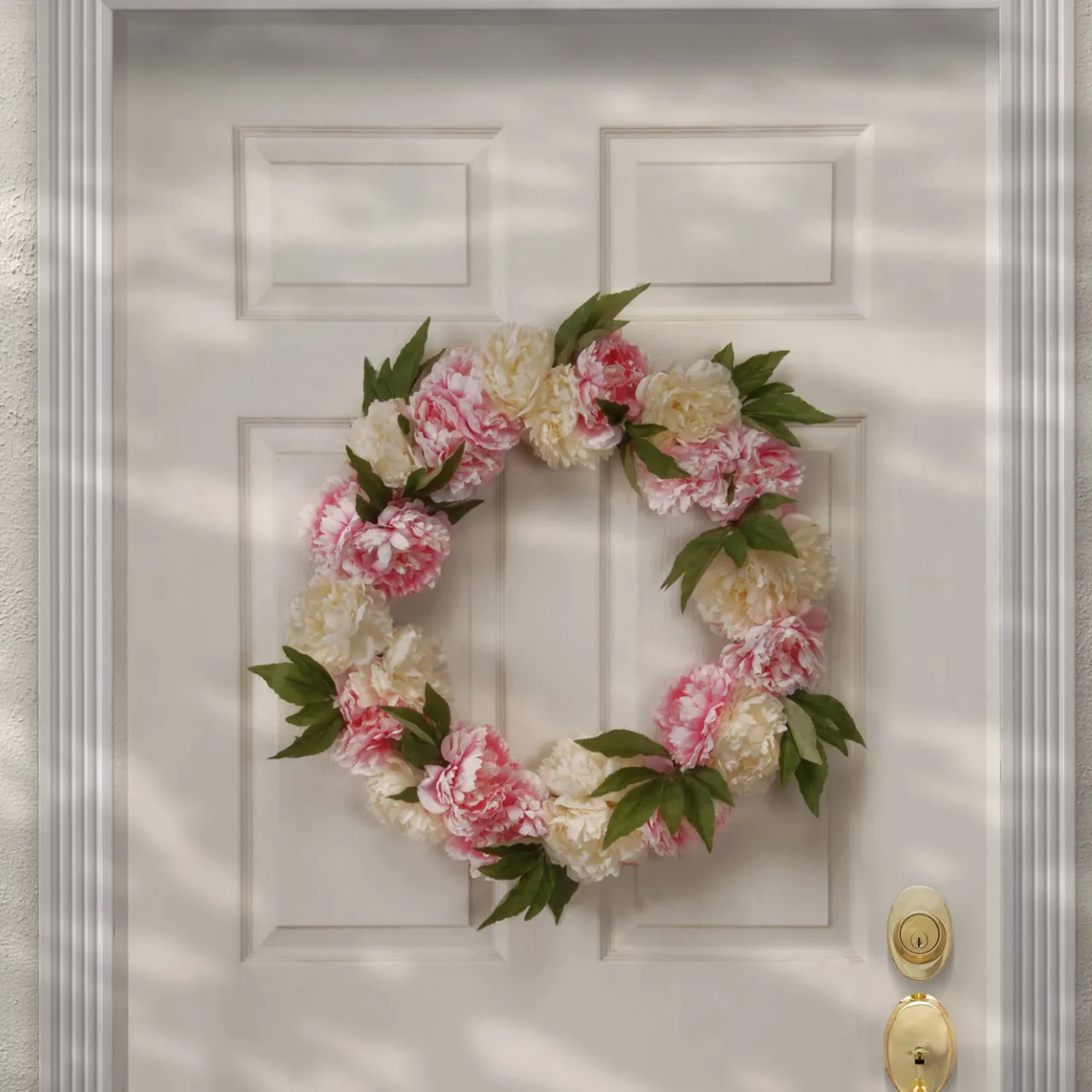 Best National Tree Company 24 in. Spring Wreath with Pink and White Peony Blooms, Leafy Greens
