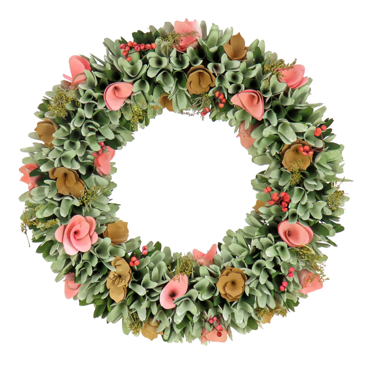 Online National Tree Company 18 in. Spring Wreath with Pink and Brown Assorted Wood Cut Flowers, Flowing Green Leaves