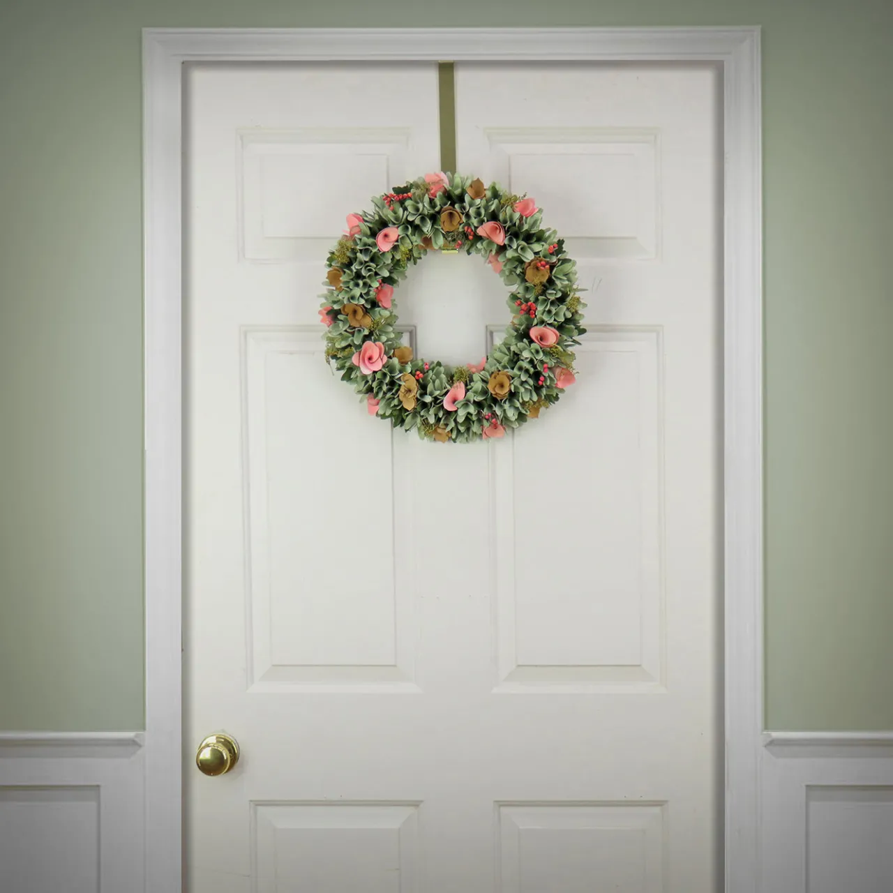 Online National Tree Company 18 in. Spring Wreath with Pink and Brown Assorted Wood Cut Flowers, Flowing Green Leaves