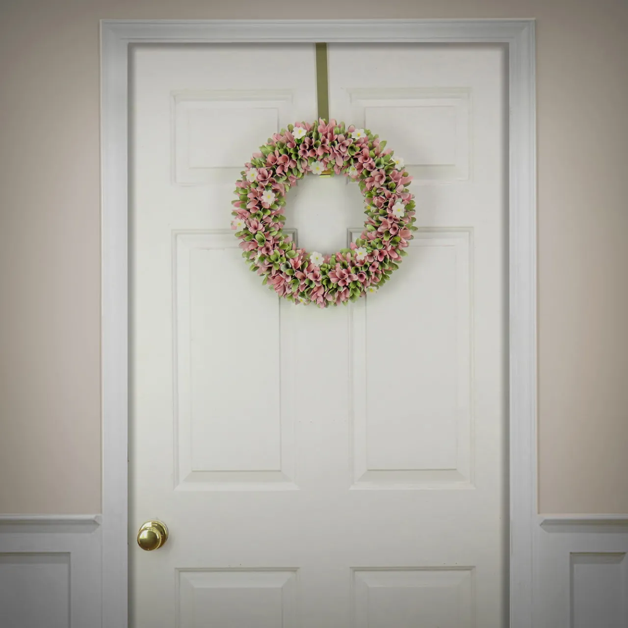 Online National Tree Company 18 in. Spring Wreath with Pink and Green Assorted Wood Cut Flowers, Flowing Green Leaves