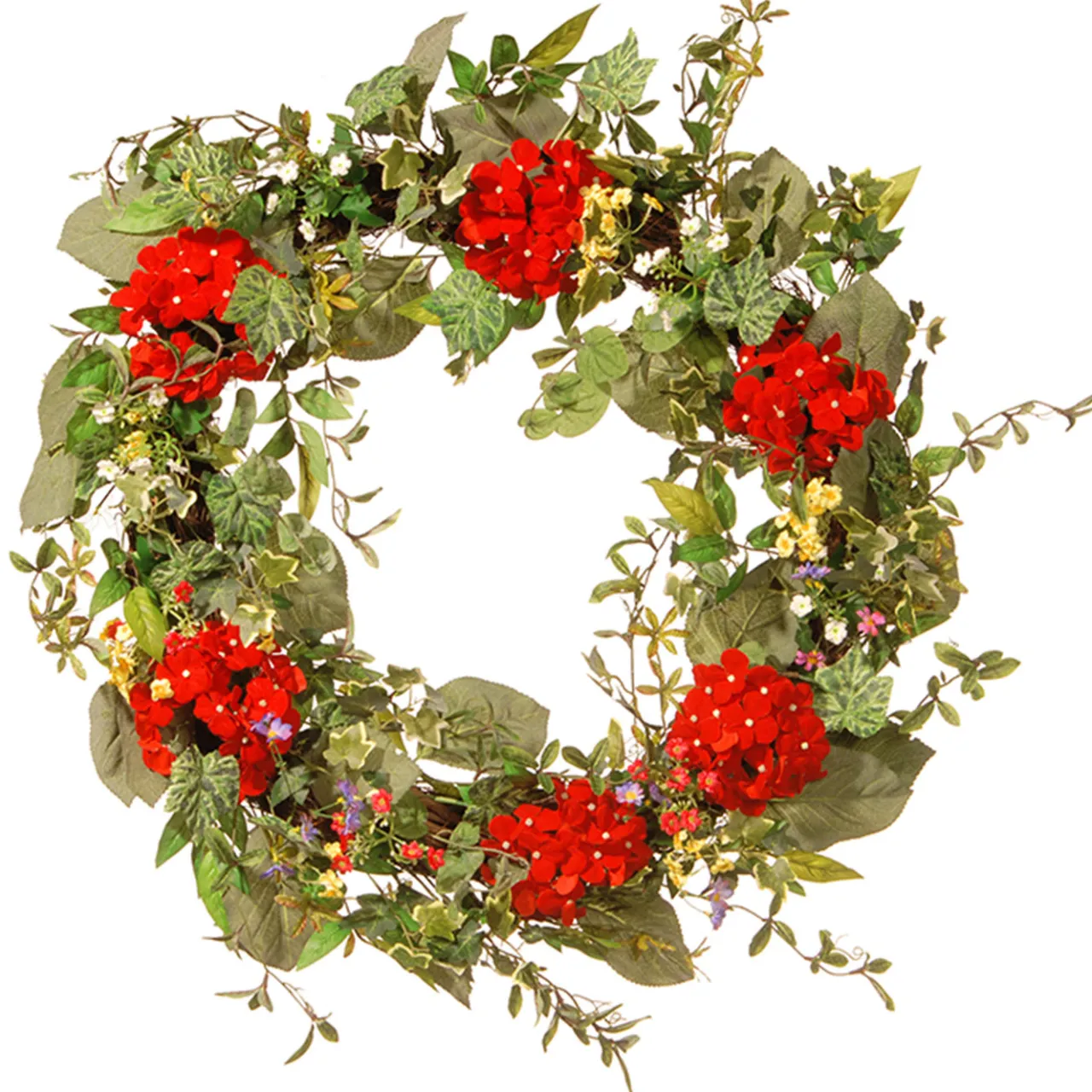 Clearance National Tree Company 32 in. Spring Wreath with Red Flower Blooms, Flowing Green Stems
