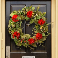 Clearance National Tree Company 32 in. Spring Wreath with Red Flower Blooms, Flowing Green Stems