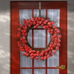 Online National Tree Company 32 in. Spring Wreath with Red Tulip Blooms, Flowing Green Stems