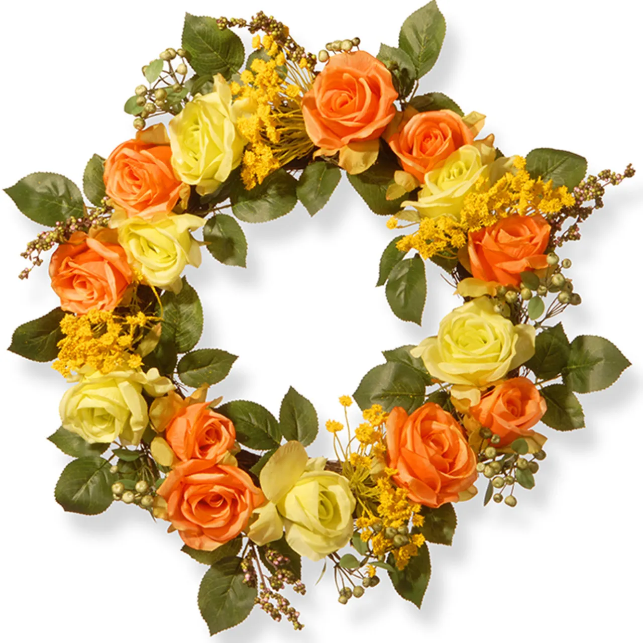 Best National Tree Company 20 in. Spring Wreath with Yellow and Orange Rose Blooms, Seed Pods, Berry Clusters, Leafy Greens