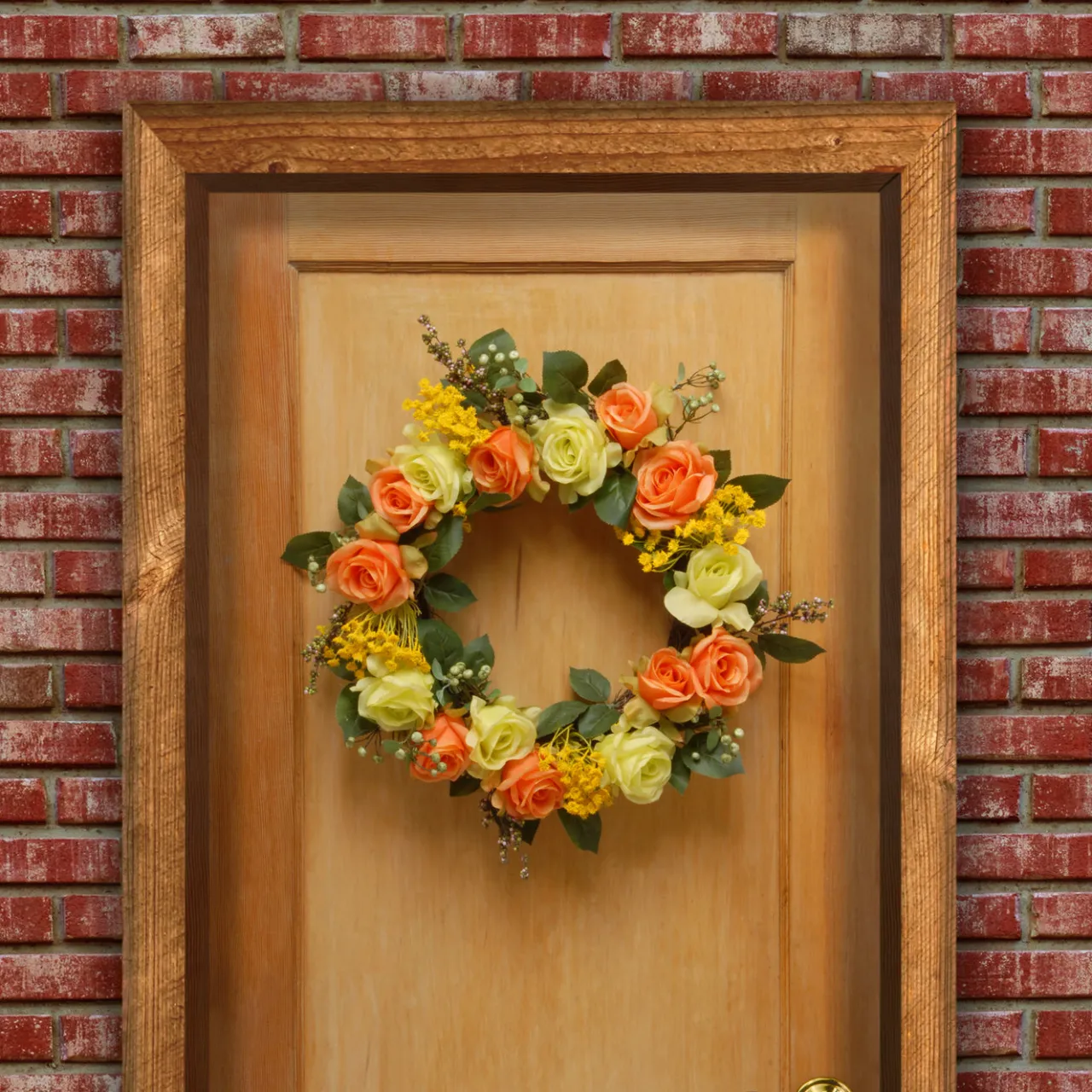 Best National Tree Company 20 in. Spring Wreath with Yellow and Orange Rose Blooms, Seed Pods, Berry Clusters, Leafy Greens