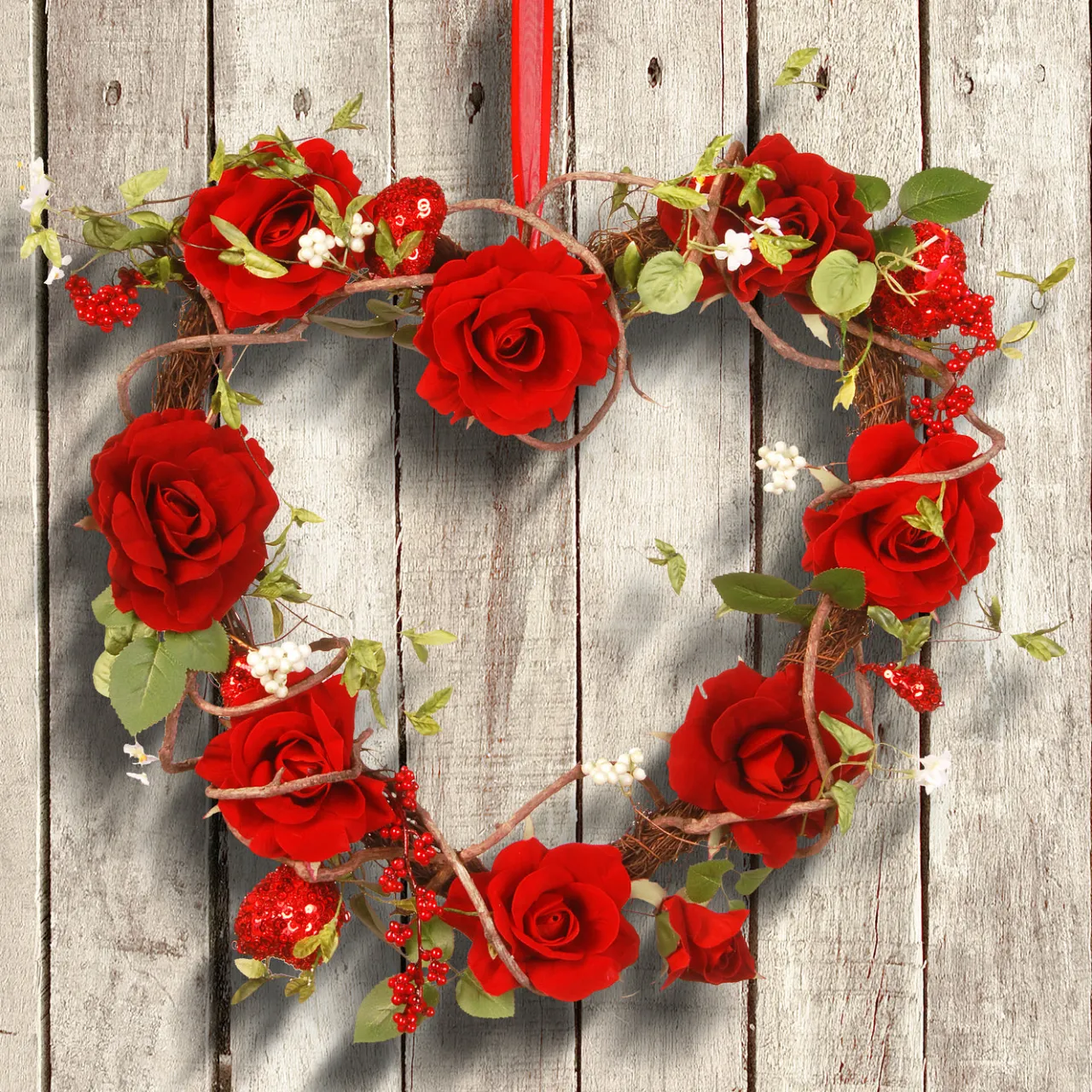 New National Tree Company 20 in. Valentine's Floral Heart Red Roses Wreath