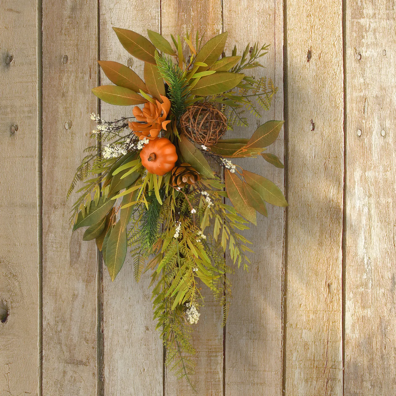 Sale National Tree Company 26 in. Wall Flower Swag Fall Decoration with Fern Fronds, Leaves, Pumpkins, Twig Cones