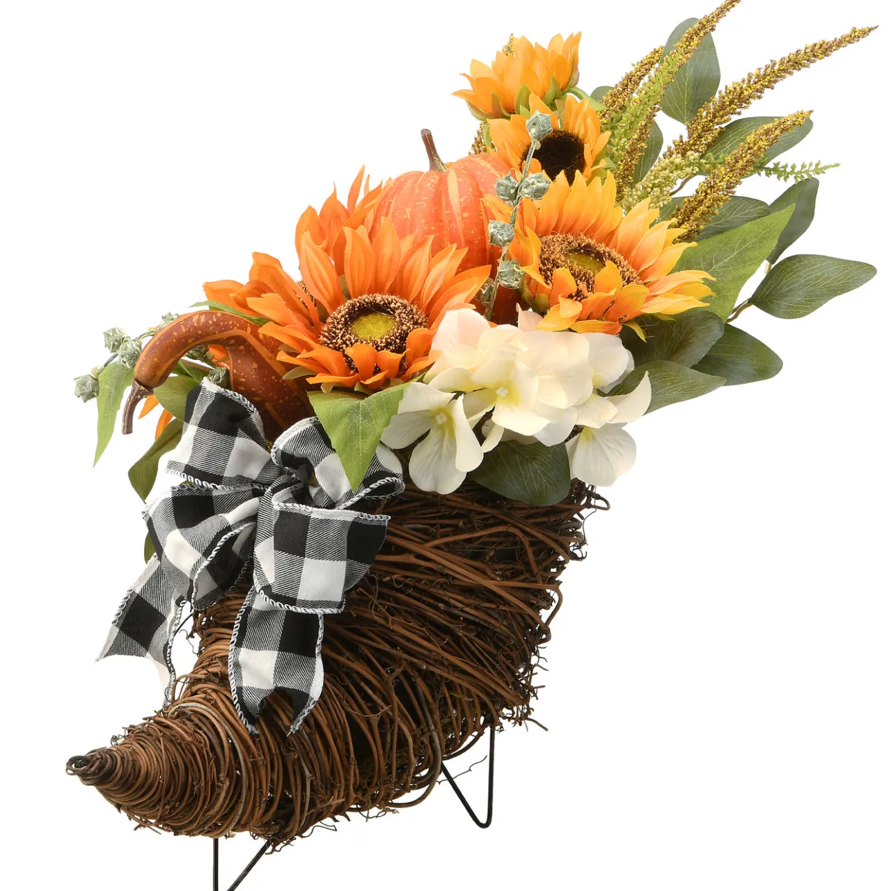 Online National Tree Company 20 in. Wicker Cornucopia Basket Decoration with Pumpkins, Sunflower Blooms, Assorted Leaves