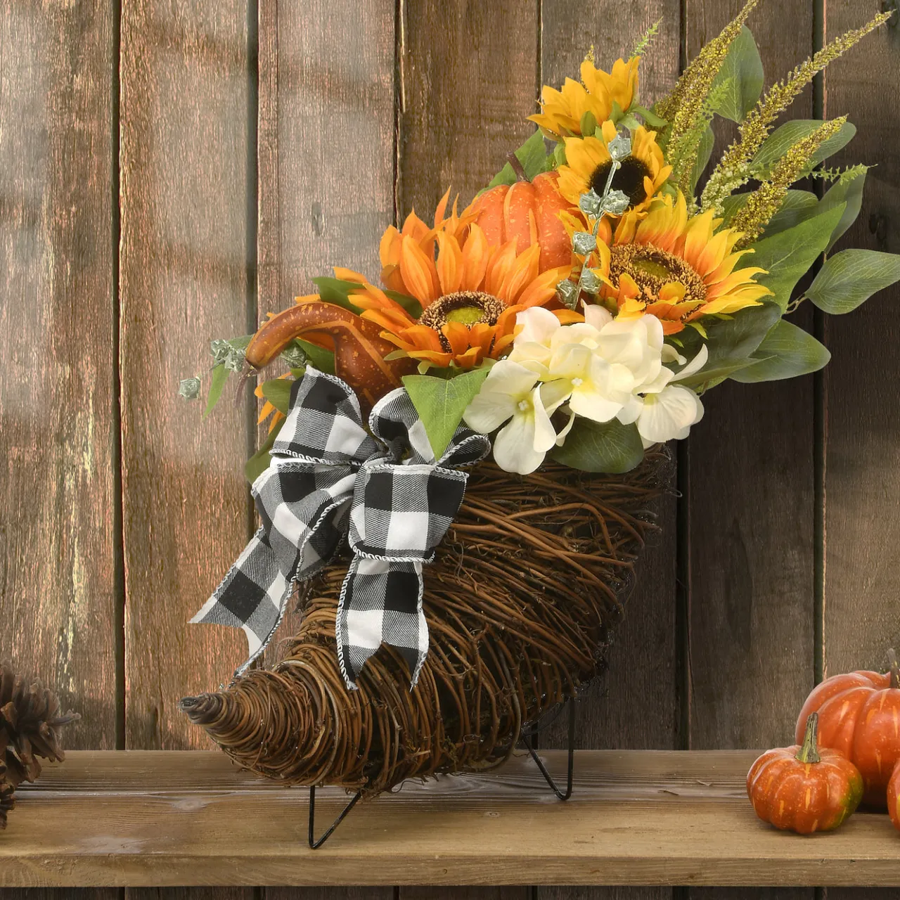 Online National Tree Company 20 in. Wicker Cornucopia Basket Decoration with Pumpkins, Sunflower Blooms, Assorted Leaves