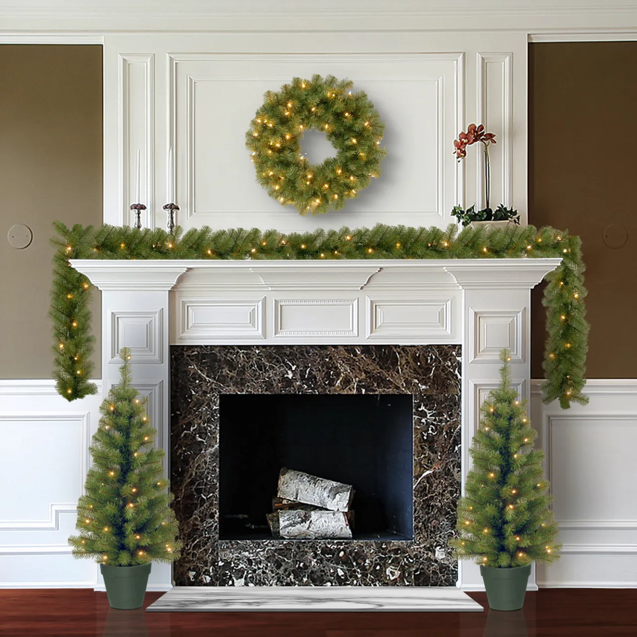 National Tree Company Evergreen Assortment with 2 Entrance Trees, 1 Wreath, 1 Garland
