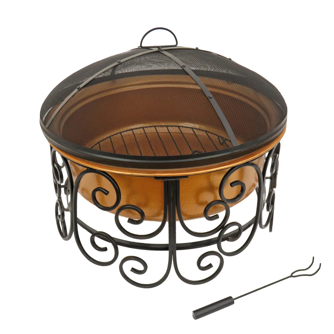 Discount National Tree Company 30in. Copper Finish Steel Outdoor Fire Pit with Ornate Black Stand, Screen Cover, Fire Poker