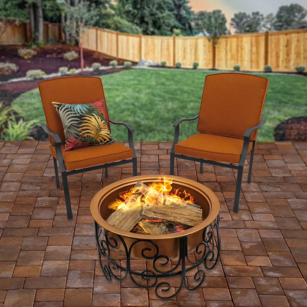 Discount National Tree Company 30in. Copper Finish Steel Outdoor Fire Pit with Ornate Black Stand, Screen Cover, Fire Poker