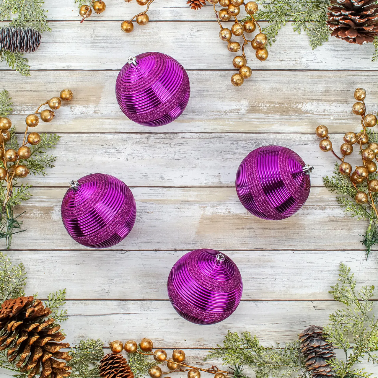 New National Tree Company 4-Piece Shatterproof Swirling Purple Ornaments